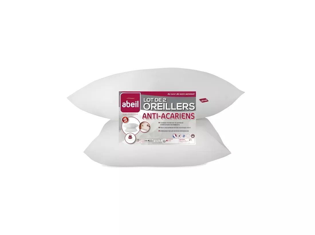 ABEIL Lot de 2 Oreillers Anti-Acarien - 60 x 60 cm - Blanc
