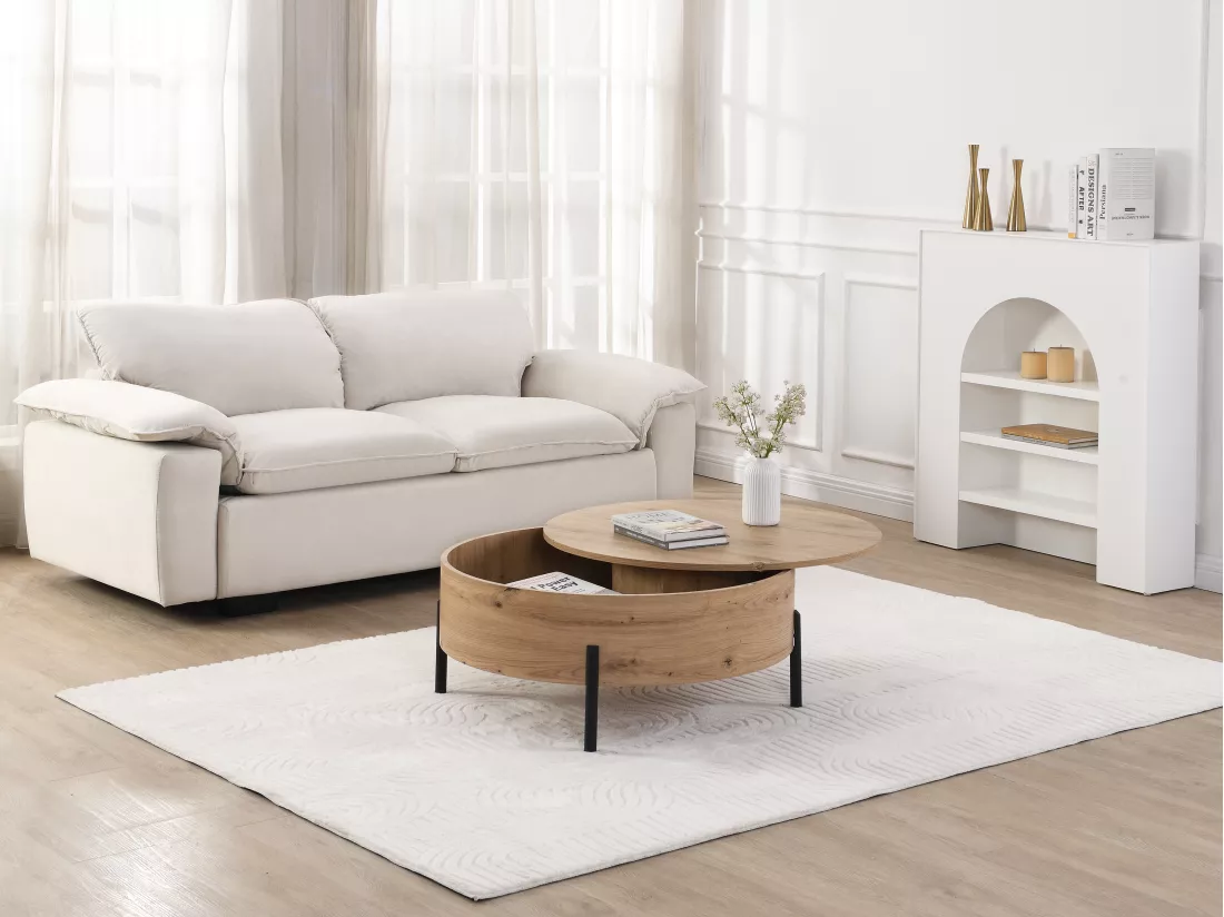 Table basse avec plateau pivotant et coffre de rangement en MDF - Naturel - YEMELIA