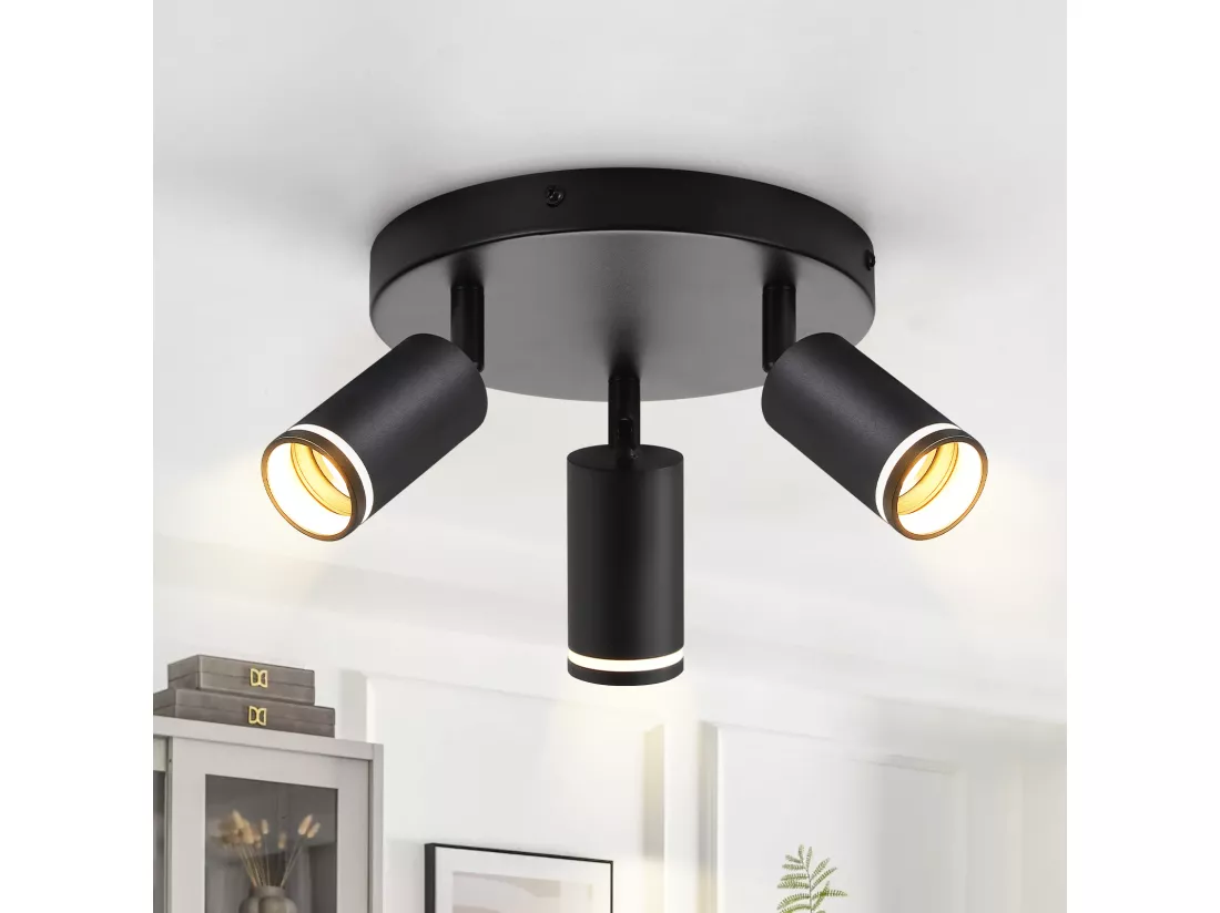 NETTLIFE Plafonnier noir moderne : 3 spots de plafond orientables en métal, plafonnier GU10, pour chambre, salle à manger, sans ampoule