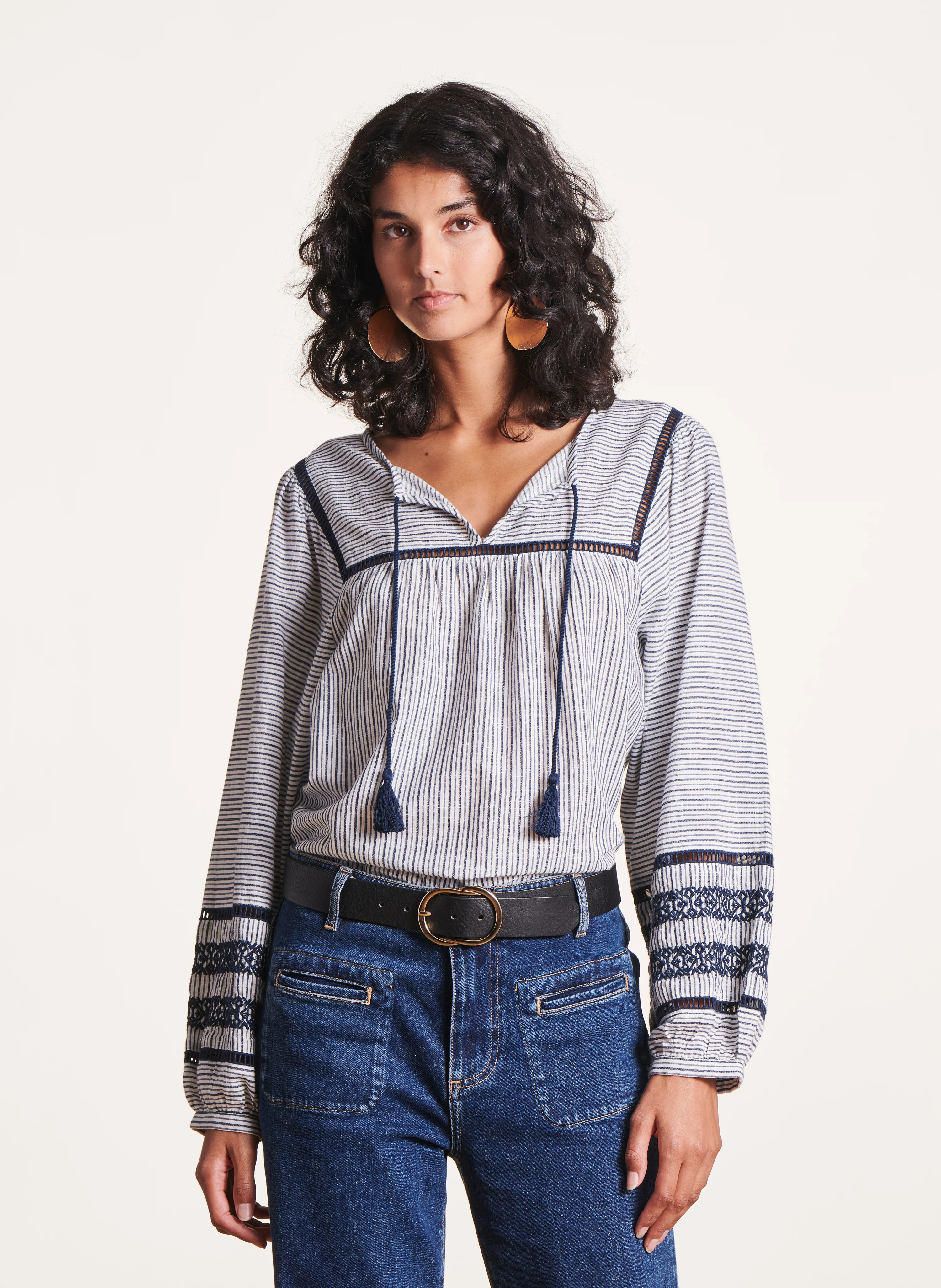 Top ample col tunisien en coton bio rayé | Bleu