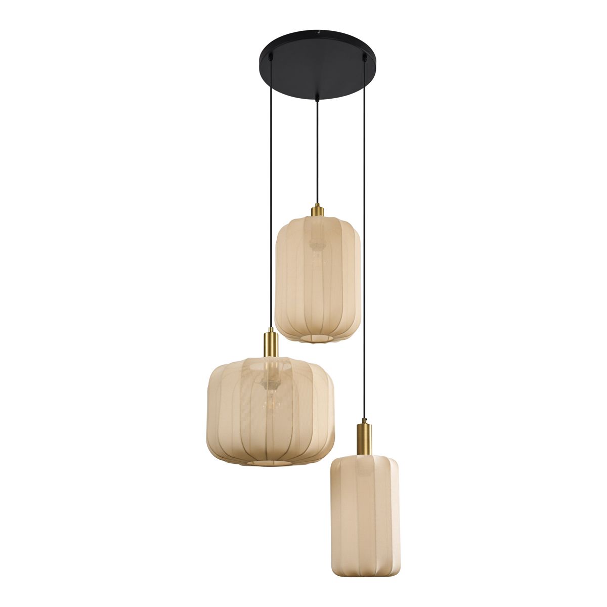 Japandi hanglamp zwart en goud met beige kap 3-lichts - Pluni