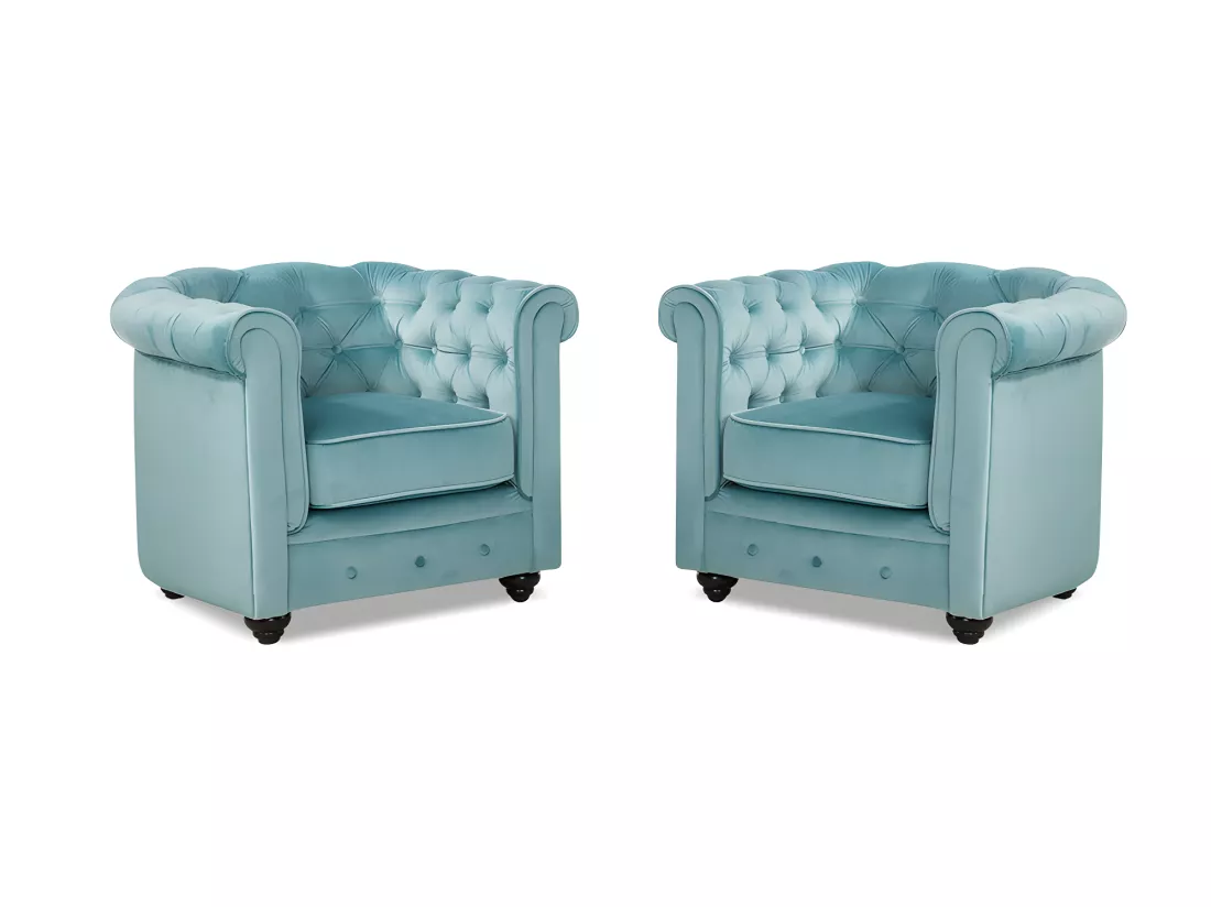 Lot de 2 Fauteuils CHESTERFIELD - Velours bleu pastel