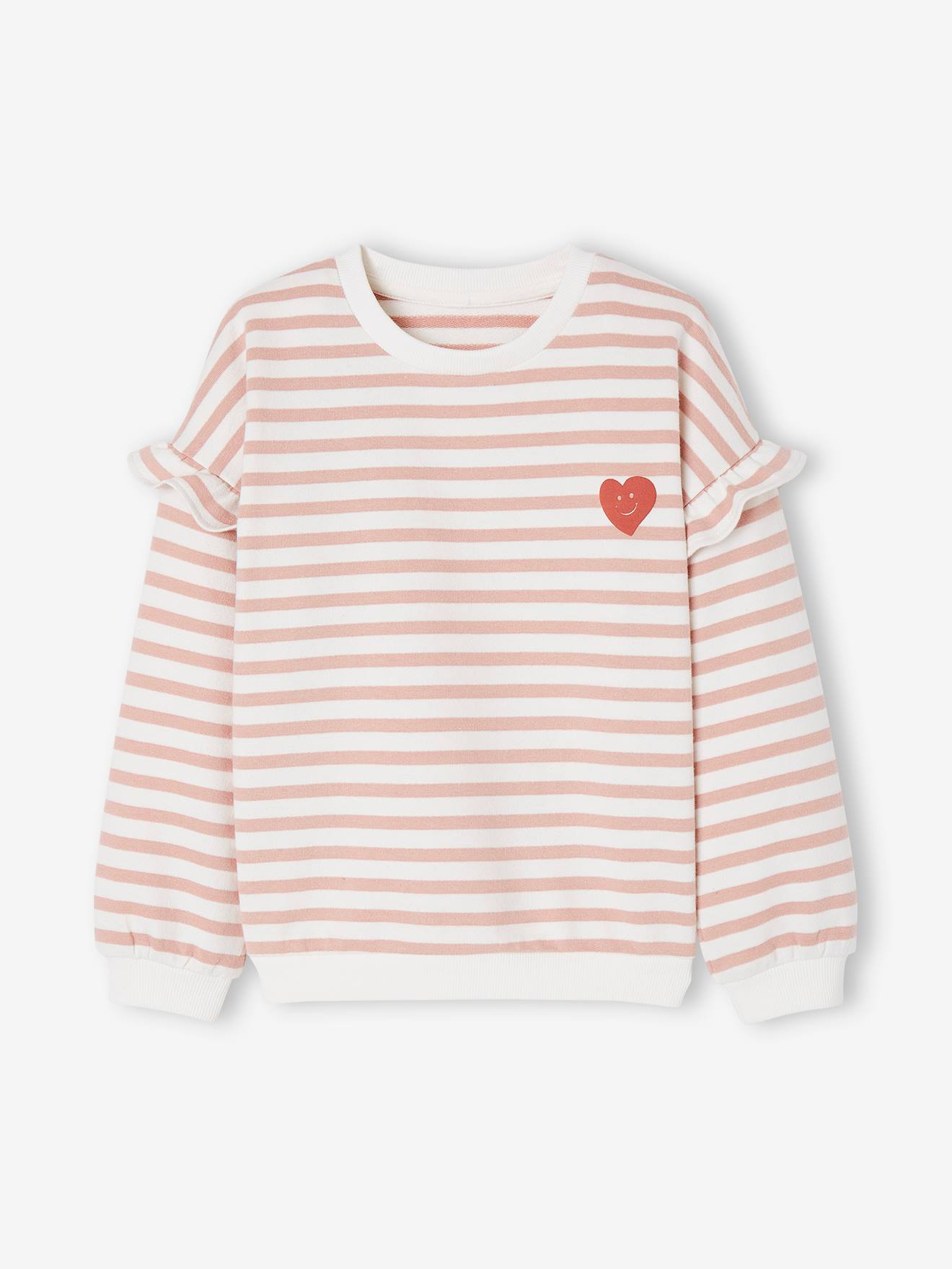 Blusa de moletom listrada rosa estilo marinheiro para meninas, com mangas franzidas.