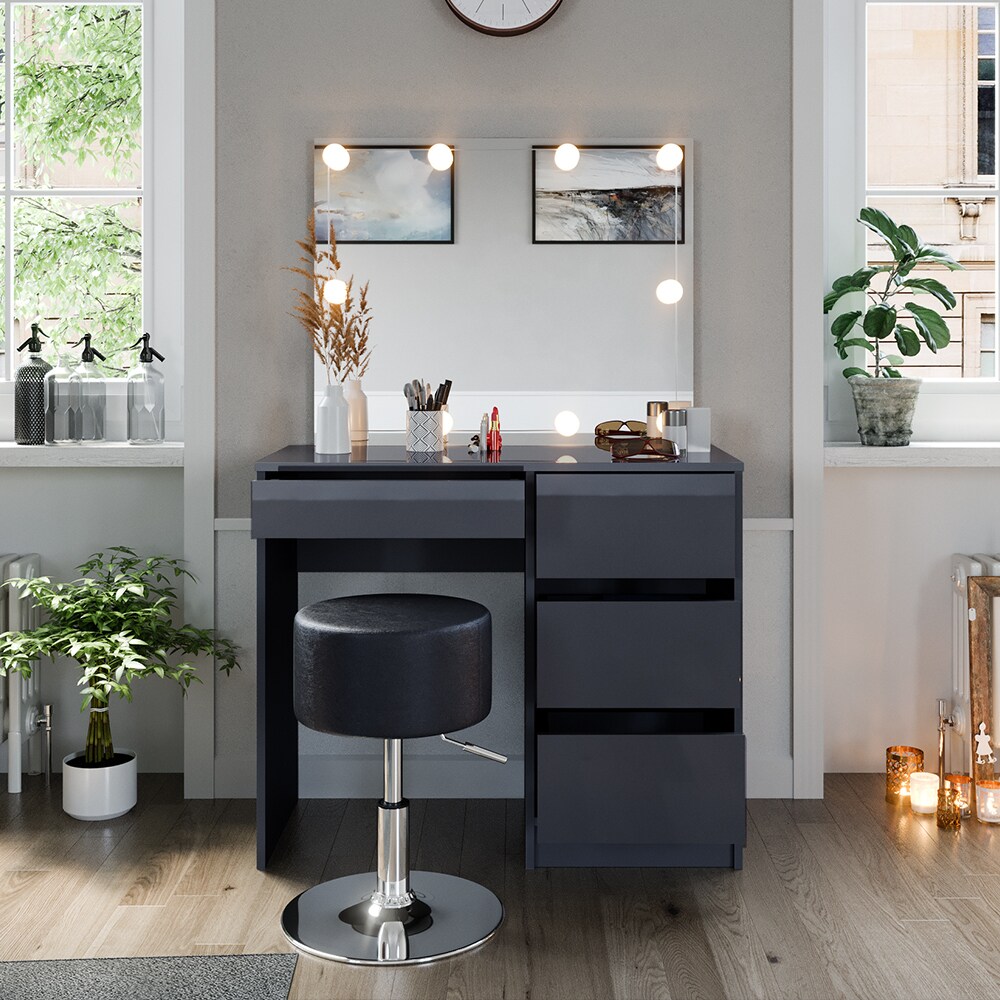 Vicco Schminktisch Sherry Anthrazit Hochglanz, 90 x 75 cm, Spiegel, LED & Hocker