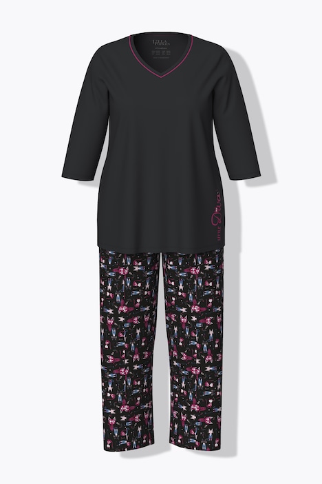 Pyjama, Katzen, V-Ausschnitt, 3/4-Arm, Taschen