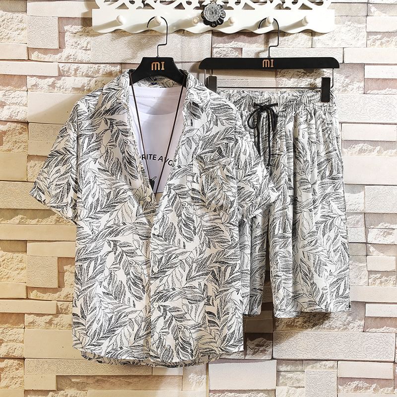 Aozora - Overhemd met korte mouwen, kraag en print, knoopjes + effen shorts met middelhoge taille