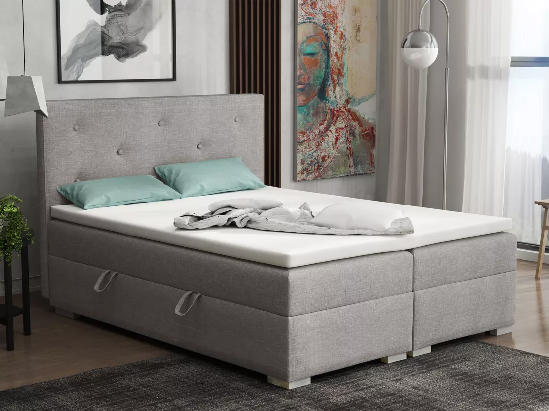 Lit Boxspring avec tiroirs de lit, Coffre de lit Topper Atlanta 160x200 cm, Lux 05 (Gris clair)