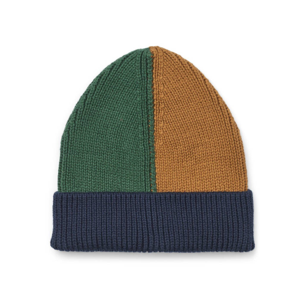 Liewood gebreide muts Ezra blauw/groen/camel