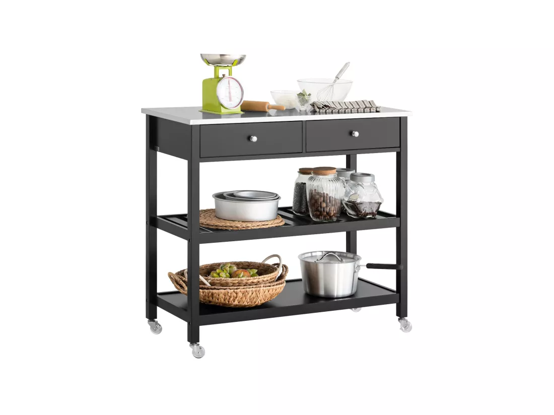 Desserte Roulante Chariot de Cuisine de 2 étages avec Grand Plan de Travail en Acier INOX, FKW47-SCH