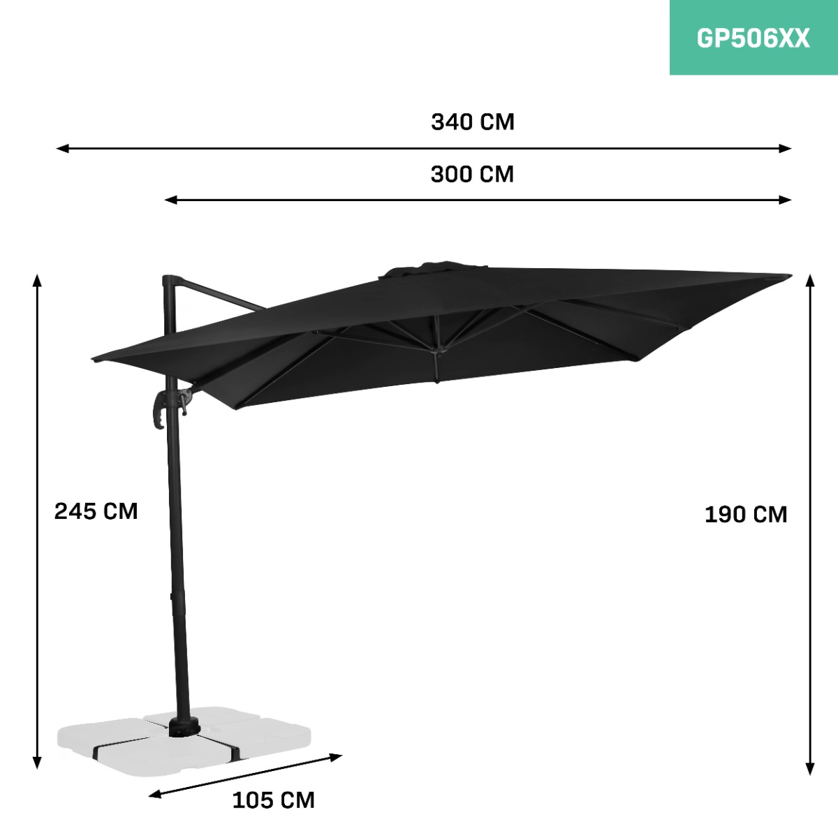 VONROC Pisogne 3x3m Premium zweefparasol met hoes - Anthracite