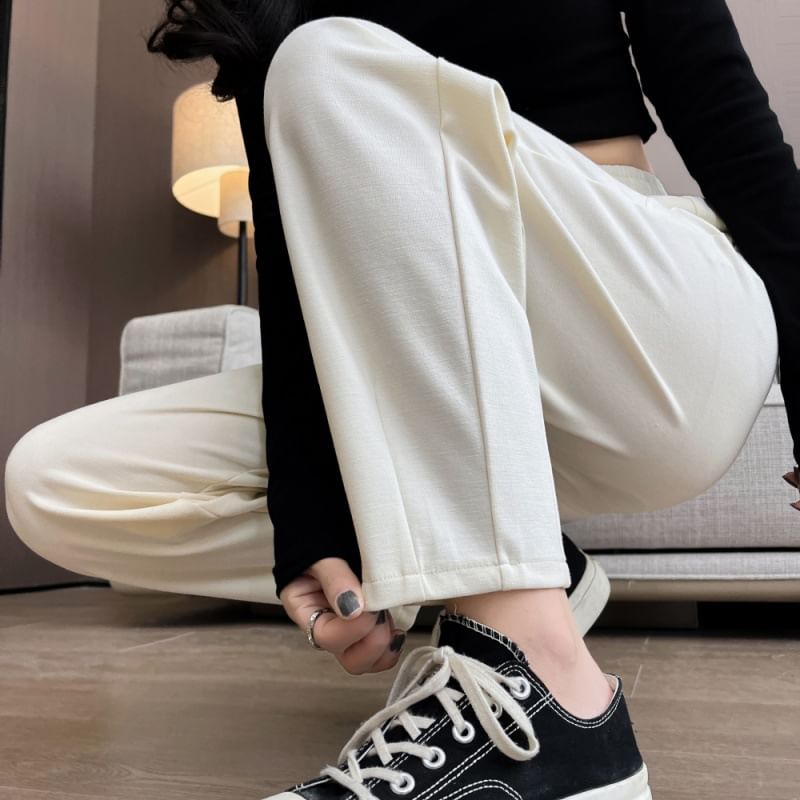 Luminato - Effen cropped rechte broek met elastische taille