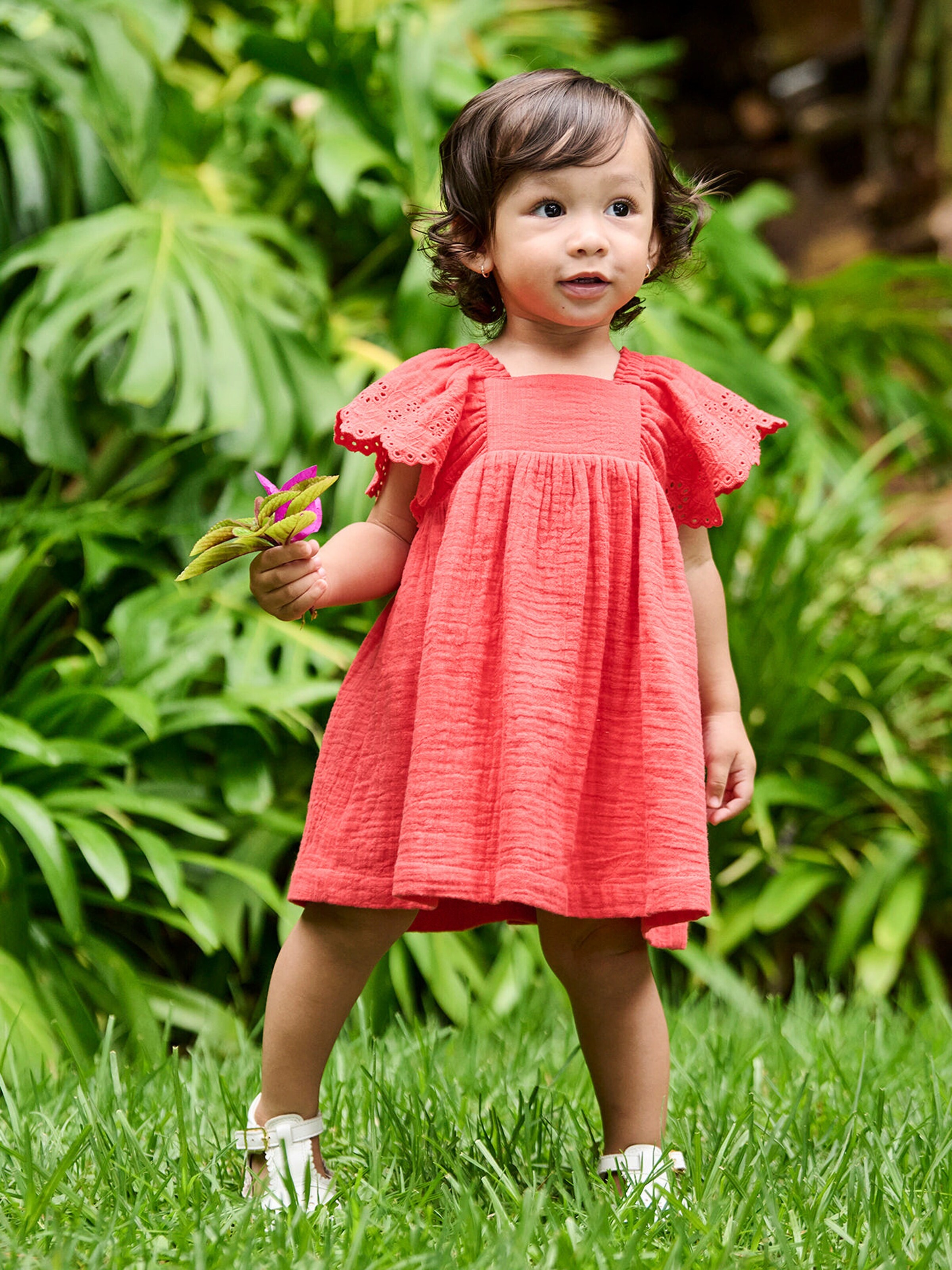 Vertbaudet Baby Musselin-Kleid mit Volantärmeln rot