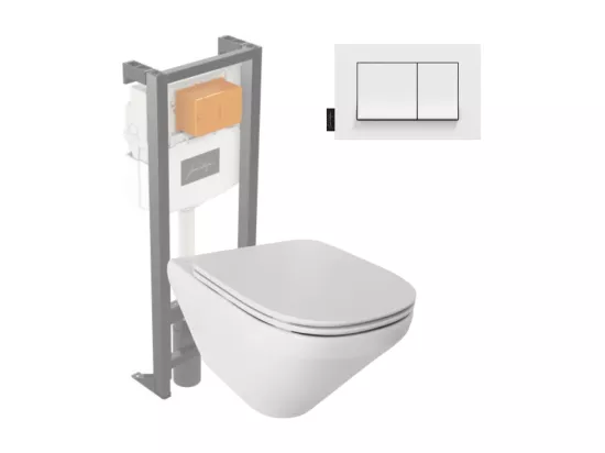 Pack WC suspendu sans bride JACOB DELAFON Modern Life + abattant + bâti-support + plaque rectangle blanche