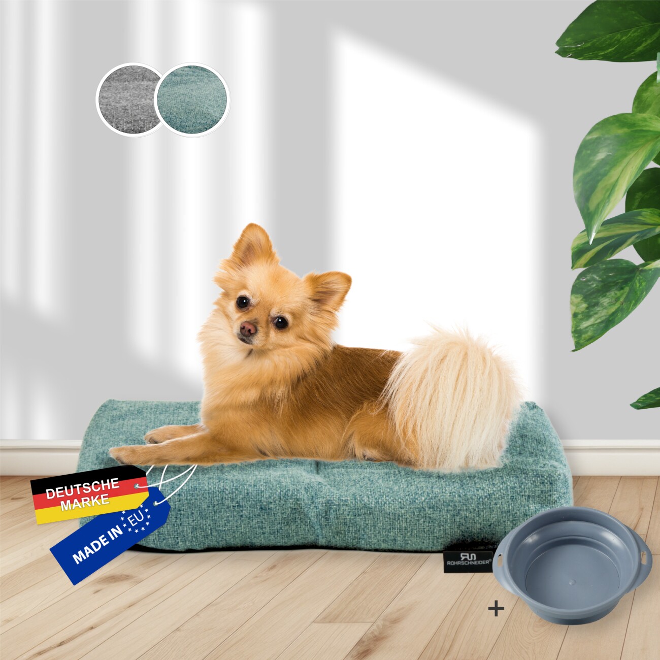 Rohrschneider ® Hundebett mit Anti-Rutsch-Boden, strapazierfähiges Kissen für Hunde und Katzen, B47 x T30 x H7 cm, inkl. Gratis-Wassernapf