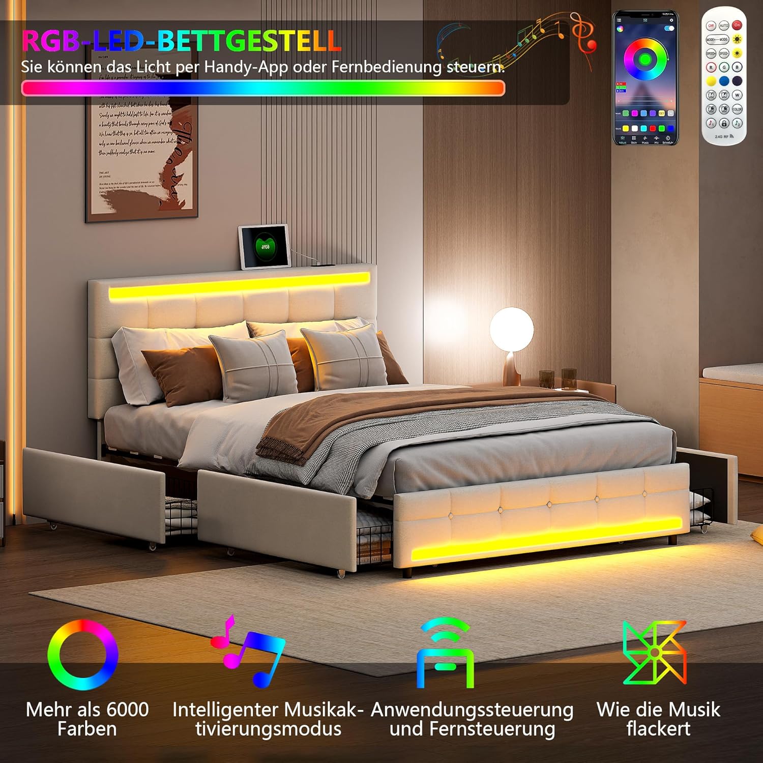 Polsterbett Doppelbett Stauraumbett Funktionbett mit USB-Laden und Stauraum am Kopfteil,Leinen,140x200 cm (Beige)