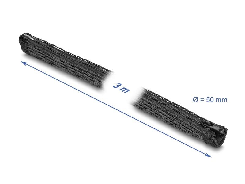 Delock Kabelschlauch 3 m x 50 mm, mit Reissverschluss, Schw Delock Geflechtschlauch mit Reissverschluss hitzebeständig 3 m x 50 mm schwarz