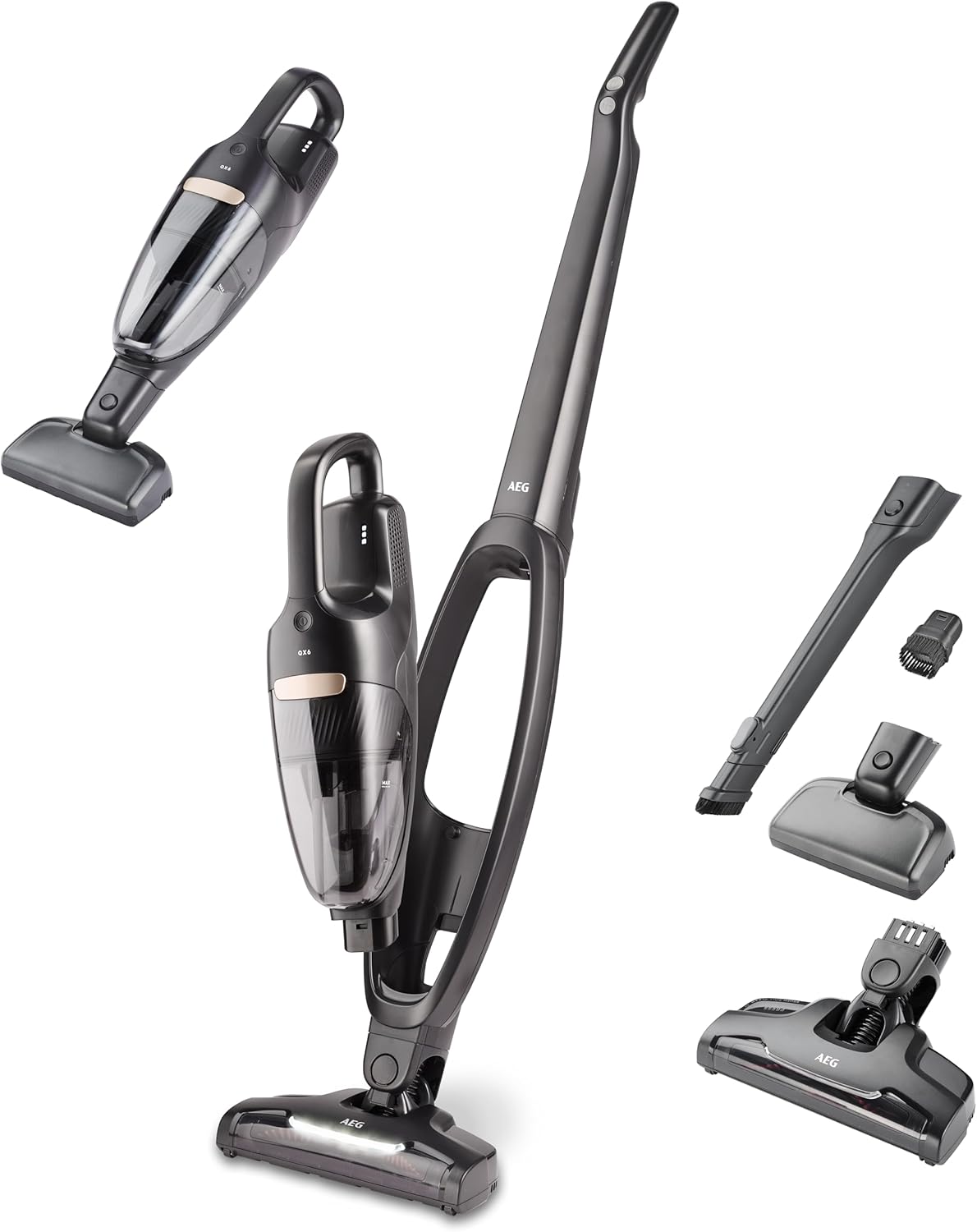 AEG QX6-1-45AN Akku Staubsauger kabellos / Staubsauger beutellos / leise / Handstaubsauger akku / 45 min Laufzeit / leicht / Hartboden / 2in1 / Tierhaare / Hund / Katze / Teppich / Auto / grau