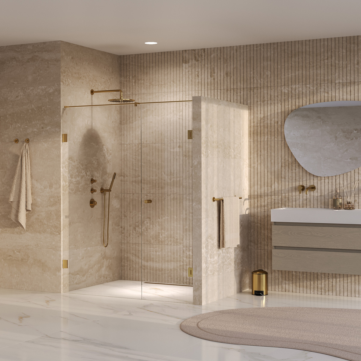 Brauer Void Carving profielloze nisdeur 160cm met draaideur 70cm aan muur messing geborsteld PVD