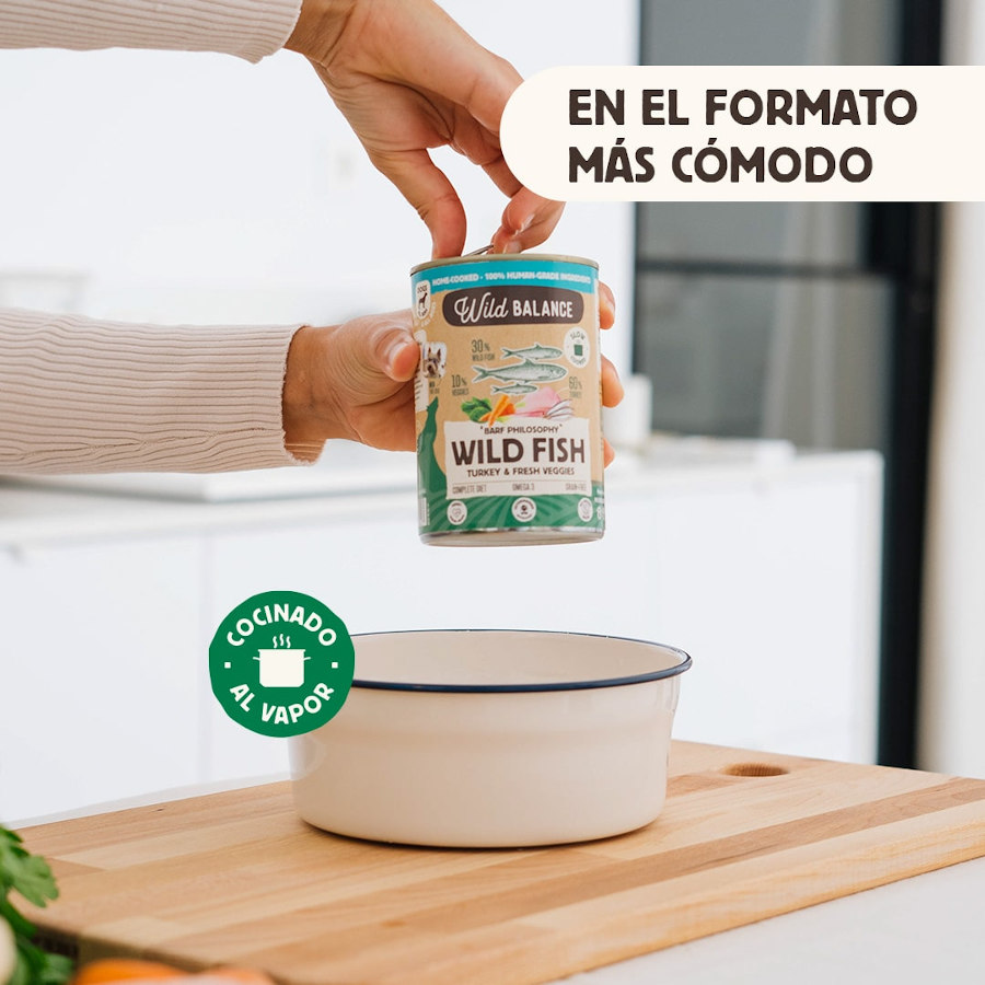 Lata de 400g de ração Wild Balance BARF com peixe e peru para cães.