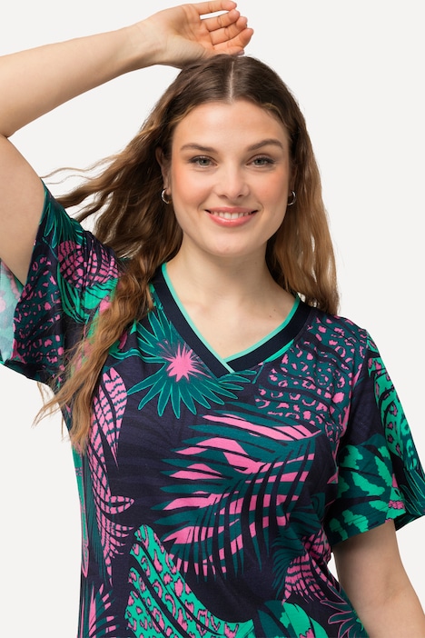 Jersey-Midikleid, Palmen, A-Linie, V-Ausschnitt, Halbarm