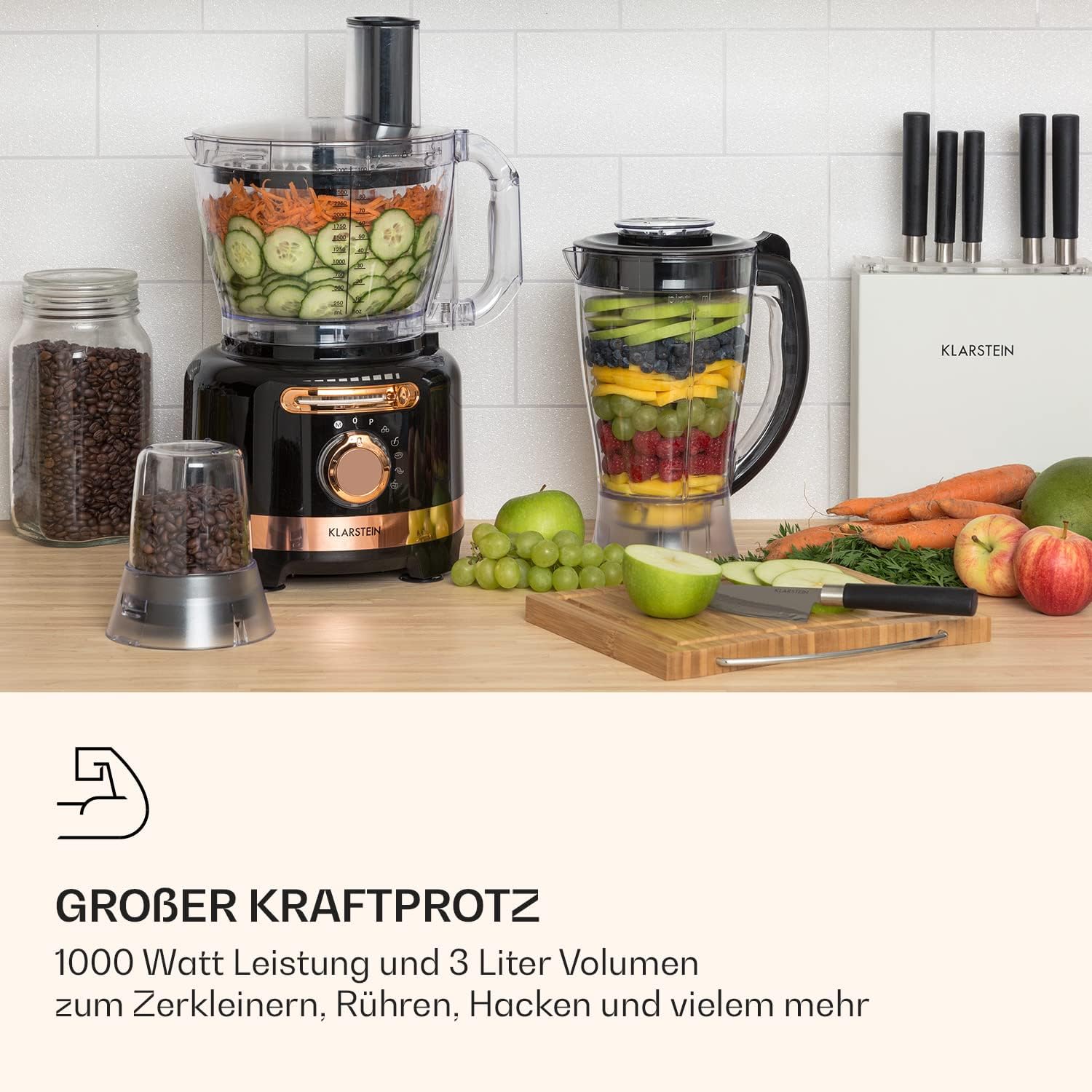 Klarstein Luca Multifunktionsmixer Standmixer Zerkleinerer Küchenreibe Saftpresse Food Processor, 1000 Watt, stufenlos, 6 Modi, BPA-frei, 3 Liter, 3 l Messbecher, Spatel, Schwarz