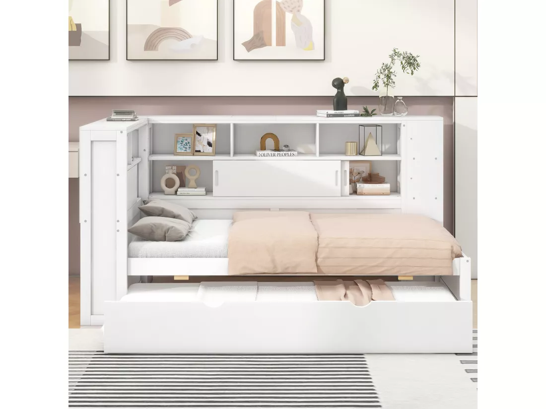 Lit gigogne 90 x 190/200 cm avec tête de lit - Placards de rangement et Prises USB - Panneaux de particules+MDF - Blanc (sans matelas)