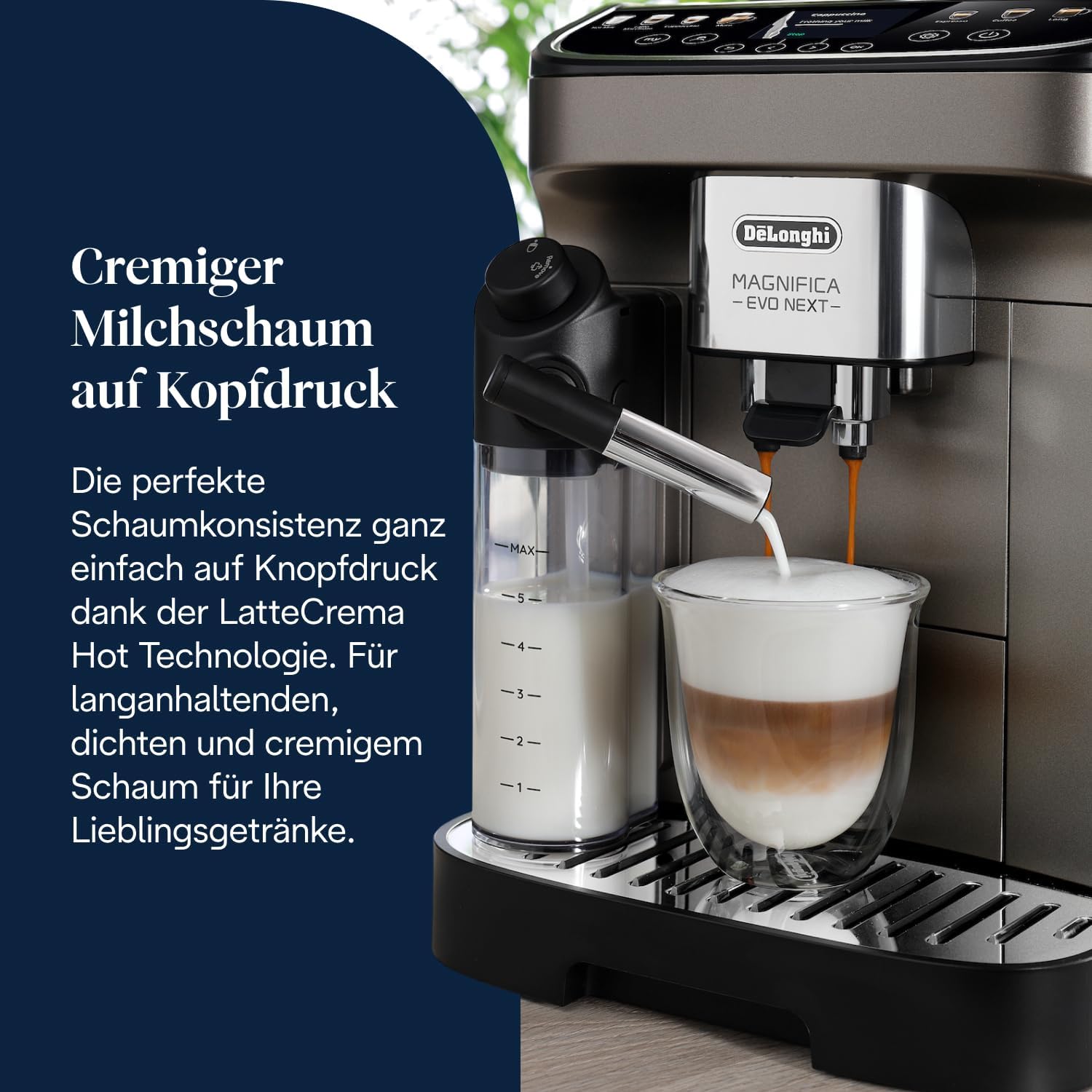 De’Longhi Magnifica Evo Next - Perfetto Kaffeevollautomat mit LatteCrema-Milchaufschäumer, 13 One-Touch-Getränke, Coffee- und Cappuccino Kaffeemaschine, farbiges Touch-Display, Titan (ECAM312.80.TB)