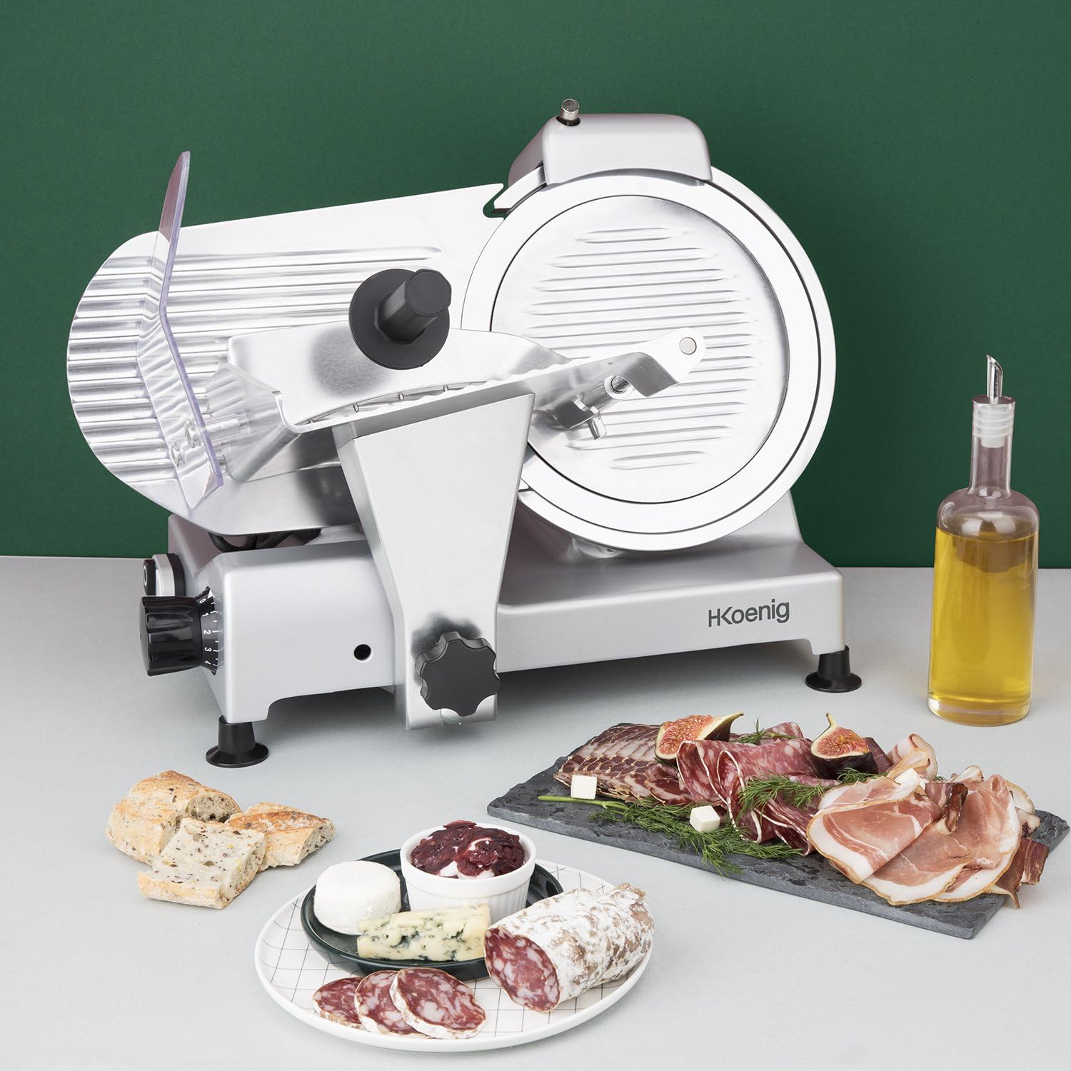 H.Koenig Trancheuse électrique à viande MSX254, charcuterie, professionnelle, précise,coupe 0-12 mm,lame 25 cm,aiguiseur intégré,large plateau,282 rpm, Rouge