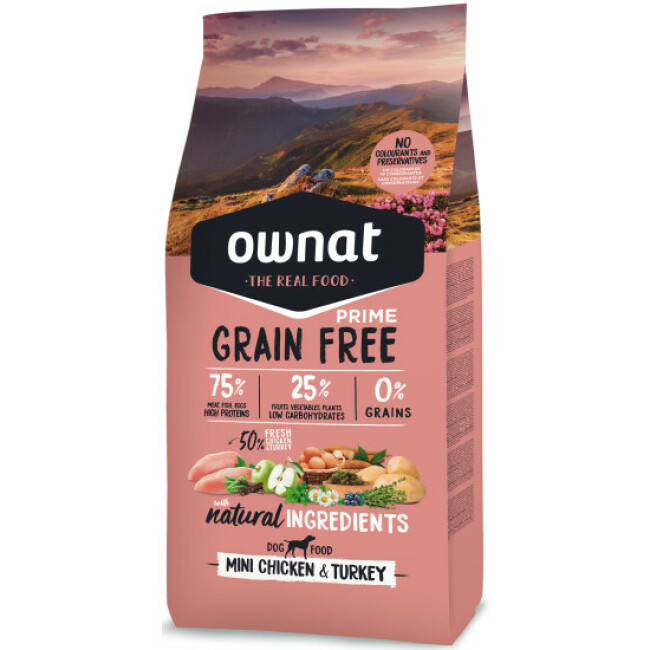 Croquettes Ownat Prime Mini sans céréales dinde et poulet pour petit chien