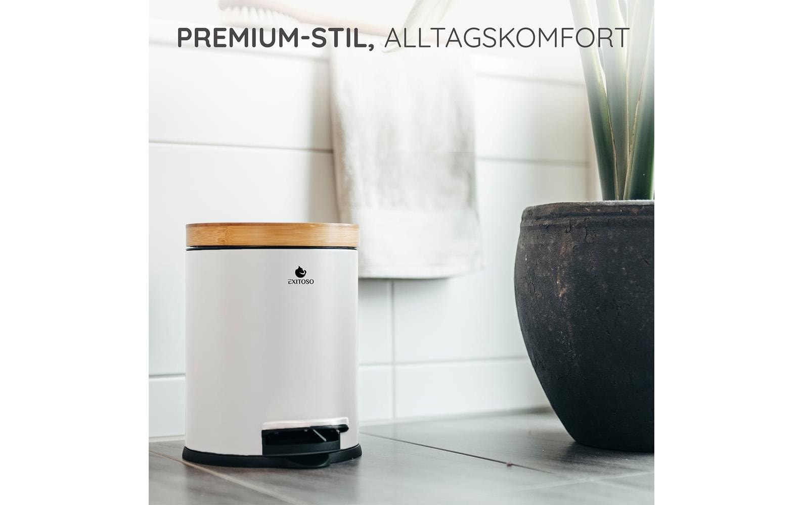 Tretmülleimer mit Softclose-Deckel 5 l, WeissAbfalleimer aus Bambus
