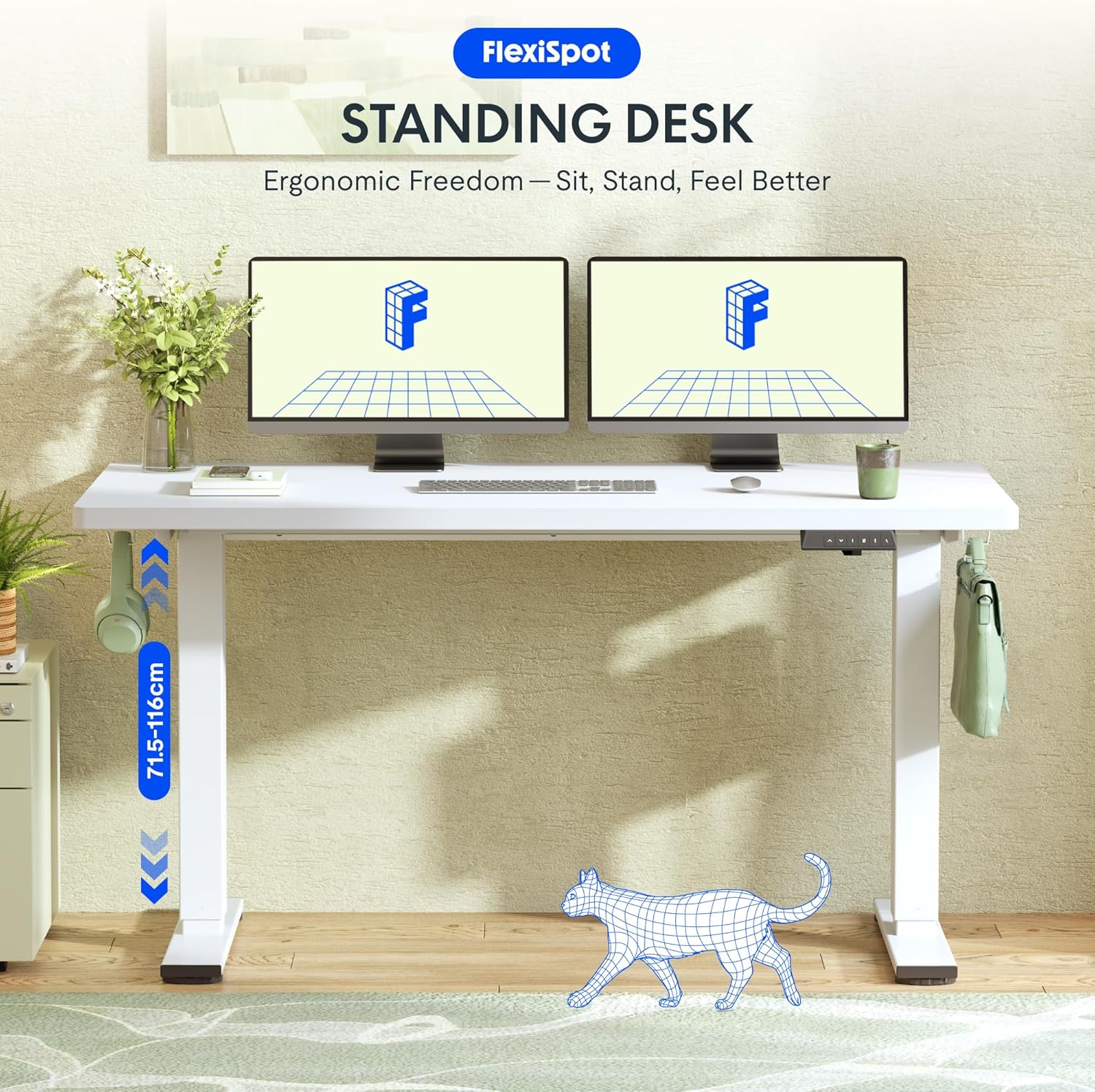 FLEXISPOT Höhenverstellbarer Schreibtisch 140×80cm, mit Haken und 25mm EINTEILIGER Tischplatte, ergonomischer Schreibtisch mit LED-Höhenanzeige und Memory-Funktion (Weiß, Weiß)