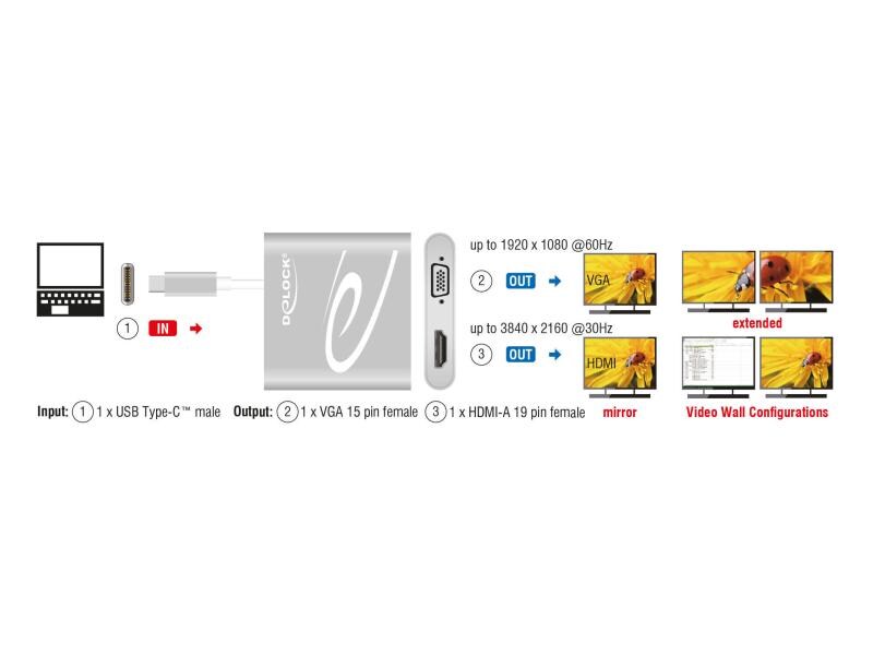 Delock 2-Port Signalsplitter USB-C - 1xHDMI & 1xVGA Delock USB Type-C Splitter (DP Alt Mode) zu 1 x HDMI   1 x VGA out