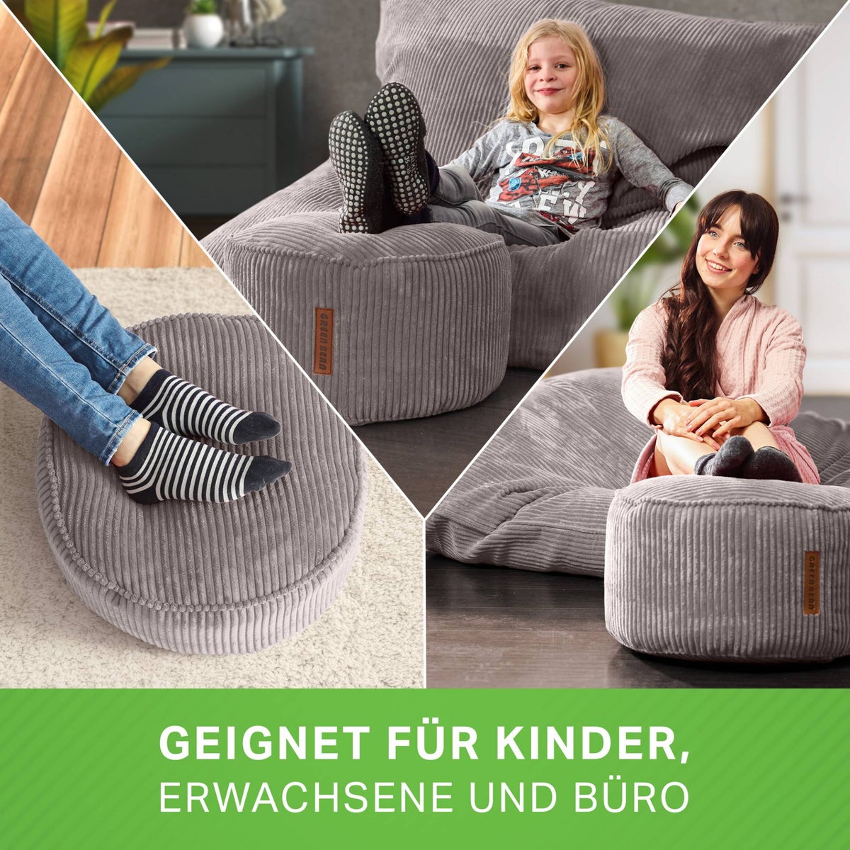 Groene bonen poef kussen 45x25cm met EPS kralen vulling & corduroy stof vloerkussen ligstoel kussen zitkussen poef fauteuil kinderen volwassenen stoffen kruk opbergruimte grijs