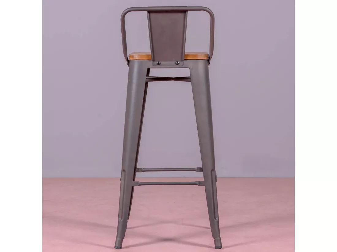 Tabouret industriel en acier vieilli avec dossier bas et assise en bois - Bistro - Antique