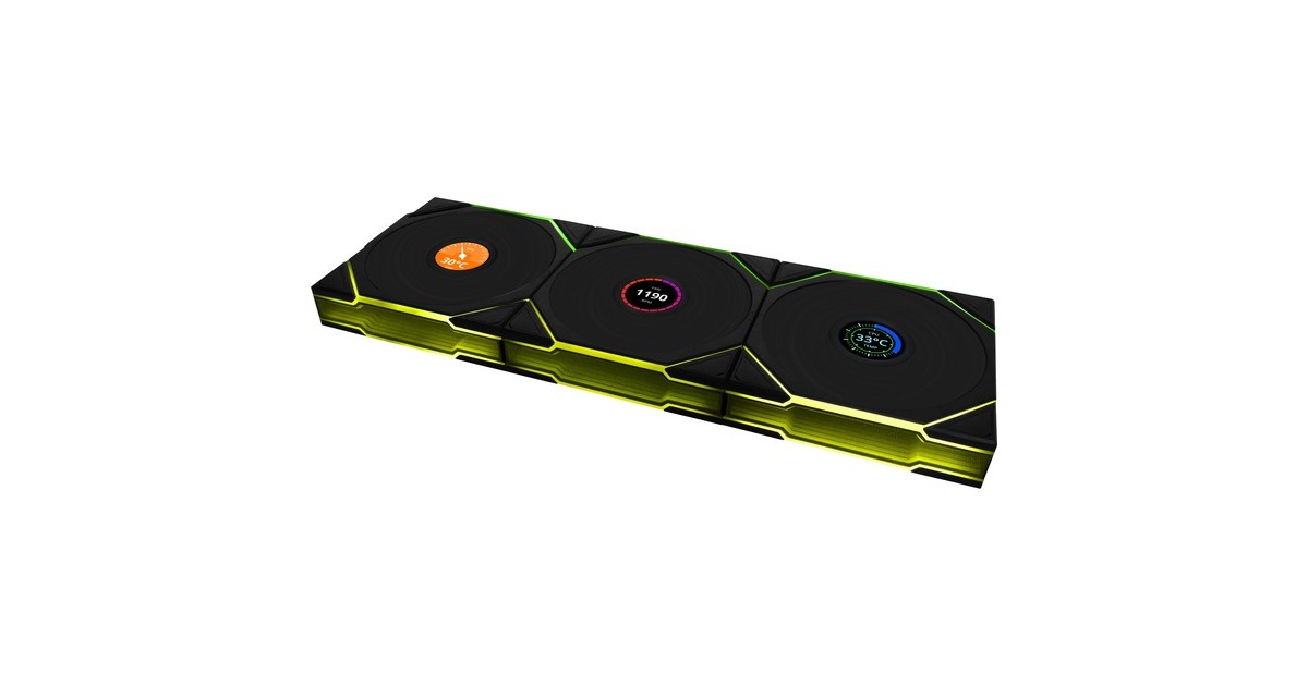 Lian LiUNI FAN TL 120 LCD Wireless RGB case fans  (Zwart, 3 stuks, 120 x 124 x 28 mm, PWM, 1x 9-pin USB, incl. controller)