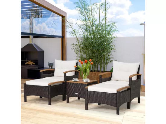Salon de Jarin 5 Pcs en Plastique et vinyle Anti-UV, 2-4 Personnes avec Coussins, 2 Fauteuils, 2 Tabourets et 1 Table Basses, Marron
