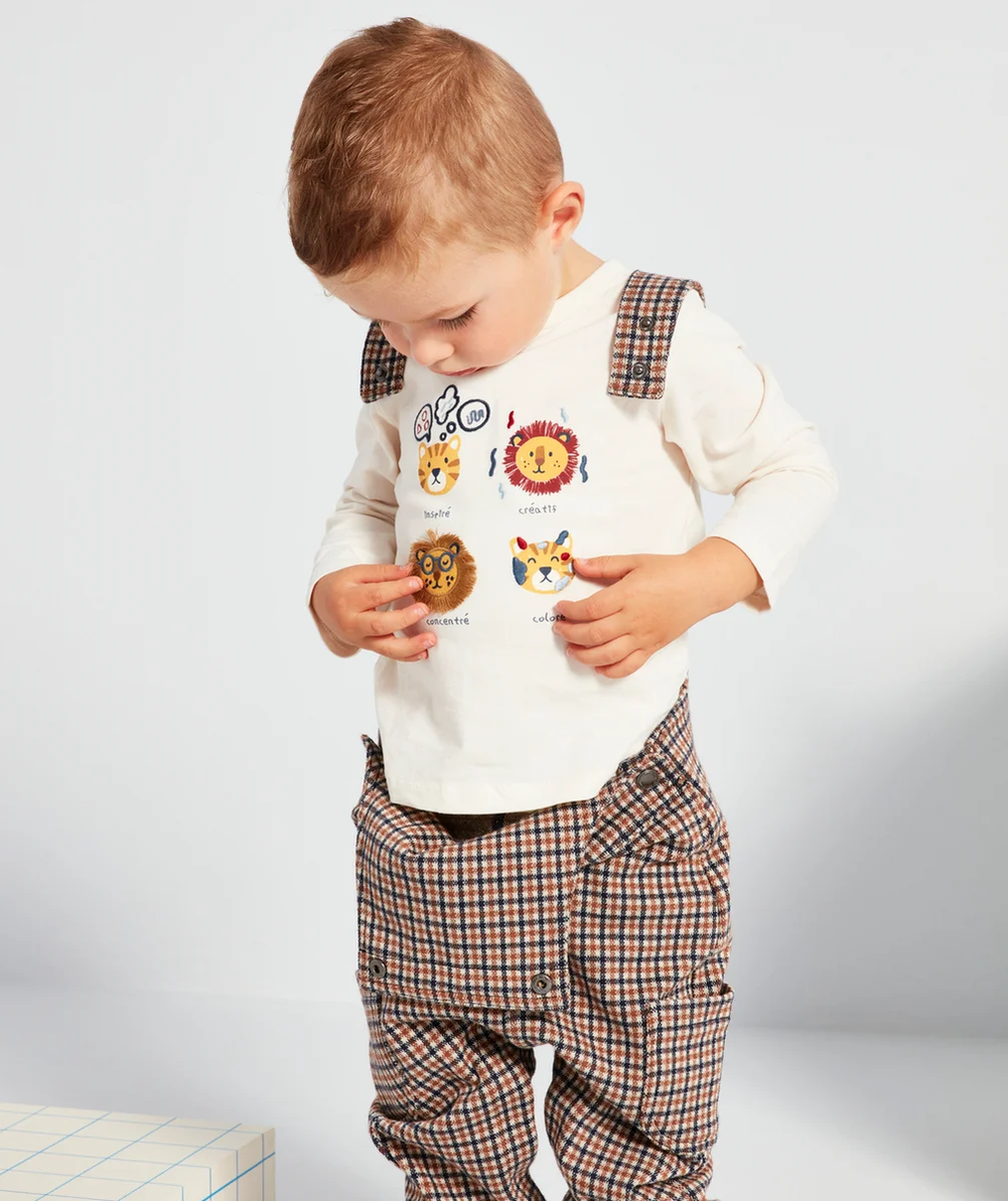 T-SHIRT BÉBÉ GARÇON EN COTON BIO ÉCRU AVEC TIGRES ET MESSAGES