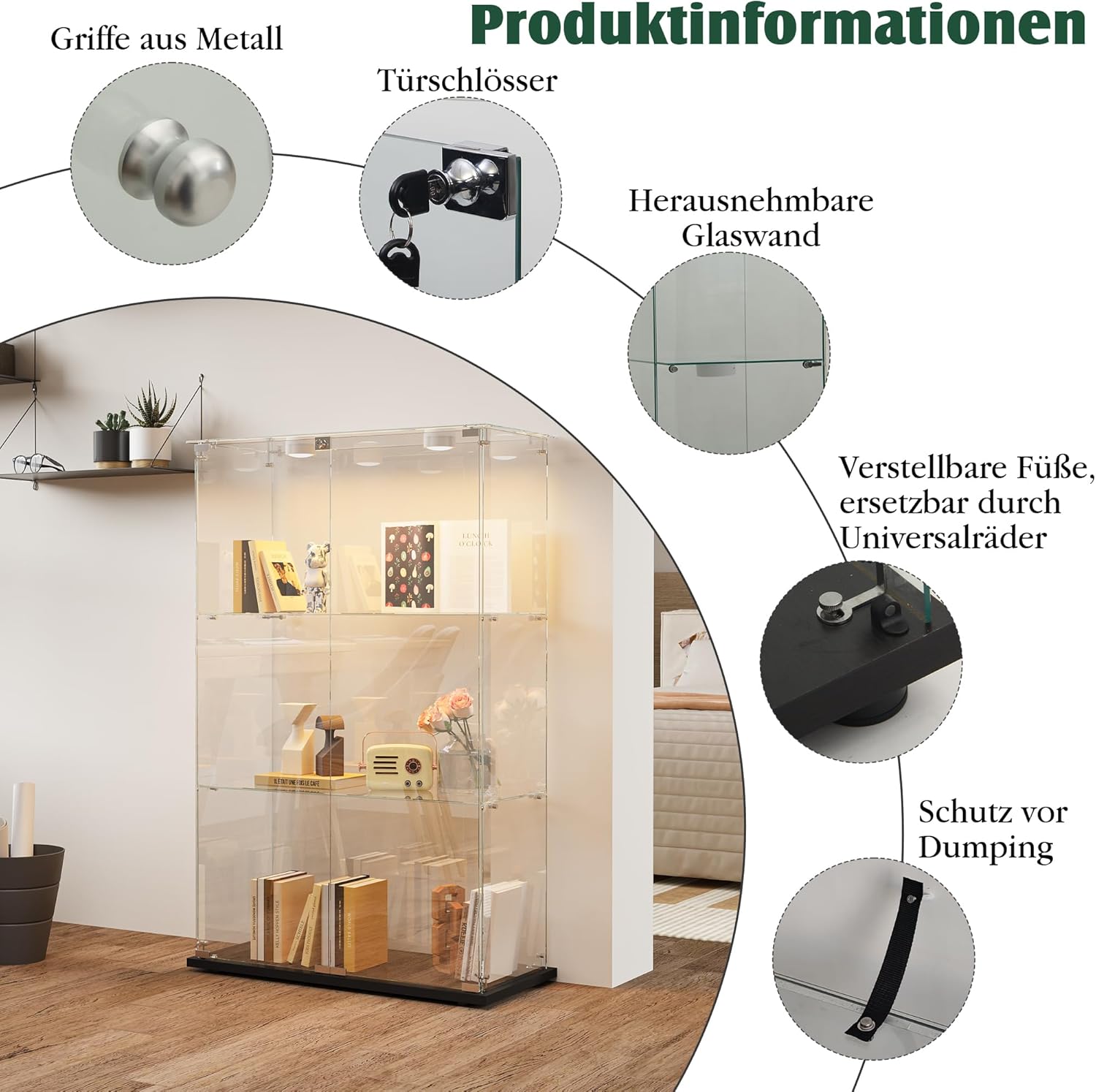 Vitrine für Sammlungen, groß, Glasvitrine mit Licht, 123,3 x 35 x 78,5 cm, Vitrine mit Rollen und LED, 2 Türen, 3 Einlegeböden, transparent (2 Türen, 3 Etagen, Schwarz + Rad)