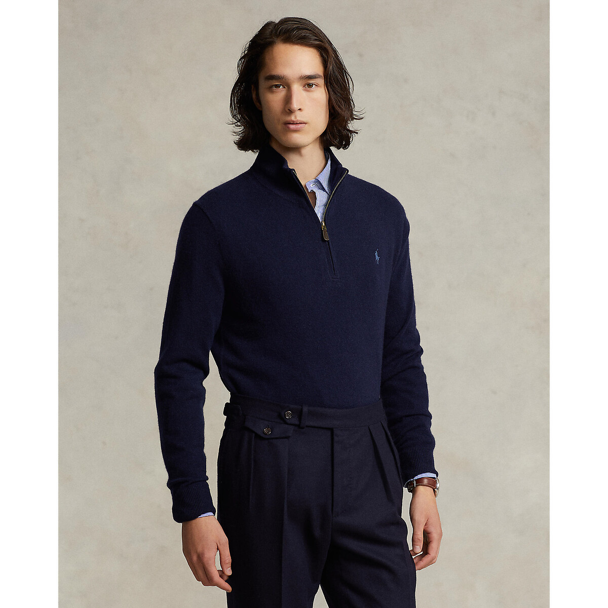 POLO RALPH LAUREN<br>Suéter de lã, meio zíper, bordado Pony Player