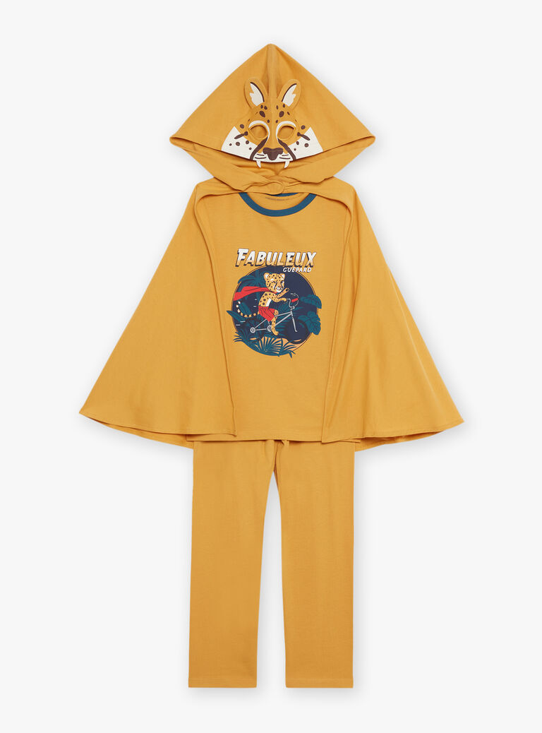 Pyjama deux pièces jaune moutarde en coton avec cape tête de léopard
