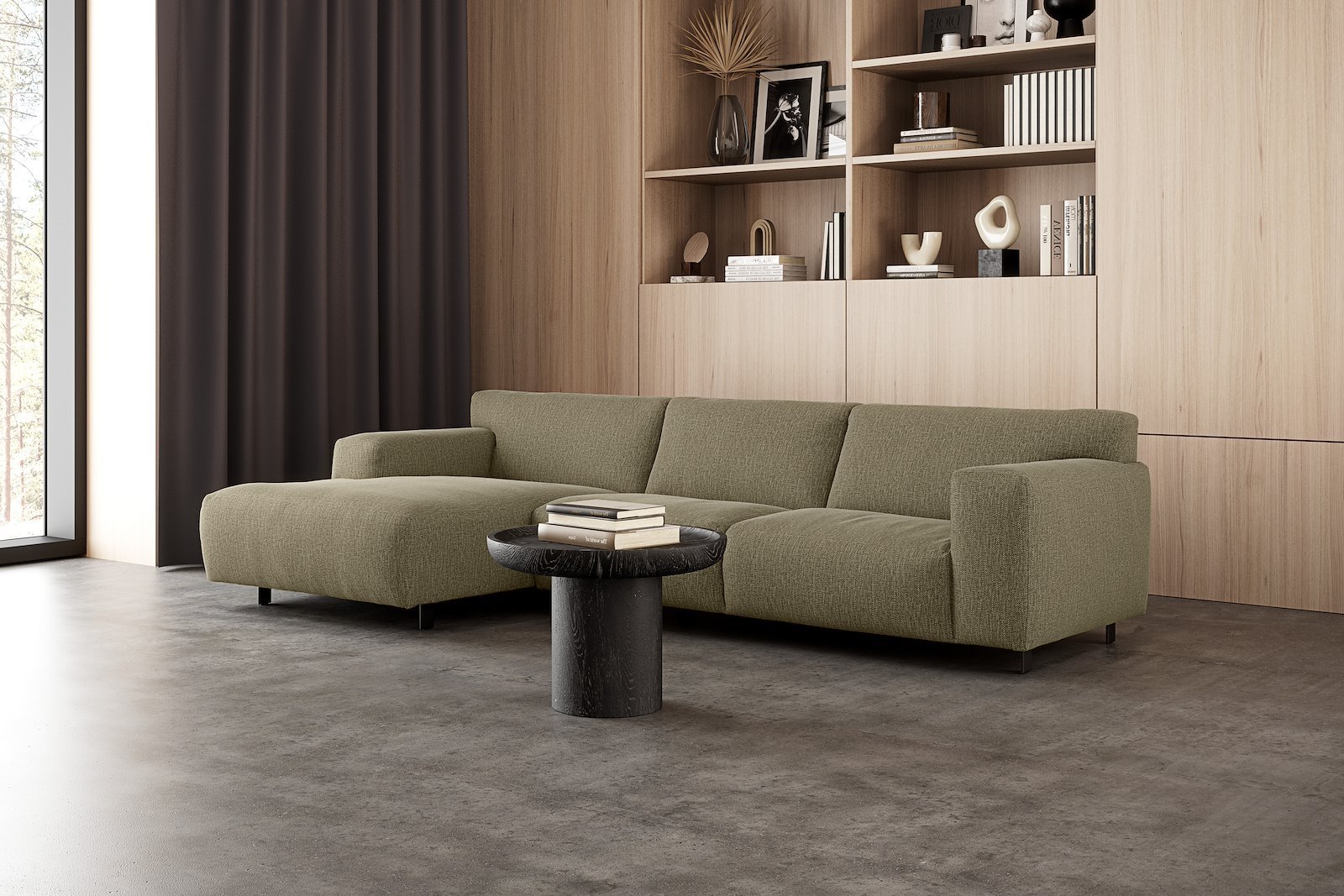 Vesta 2,5-seter med sjeselong venstre I Tekstil Marsel Light green, standardsøm, sort metallben 10 cm, Comfort CM