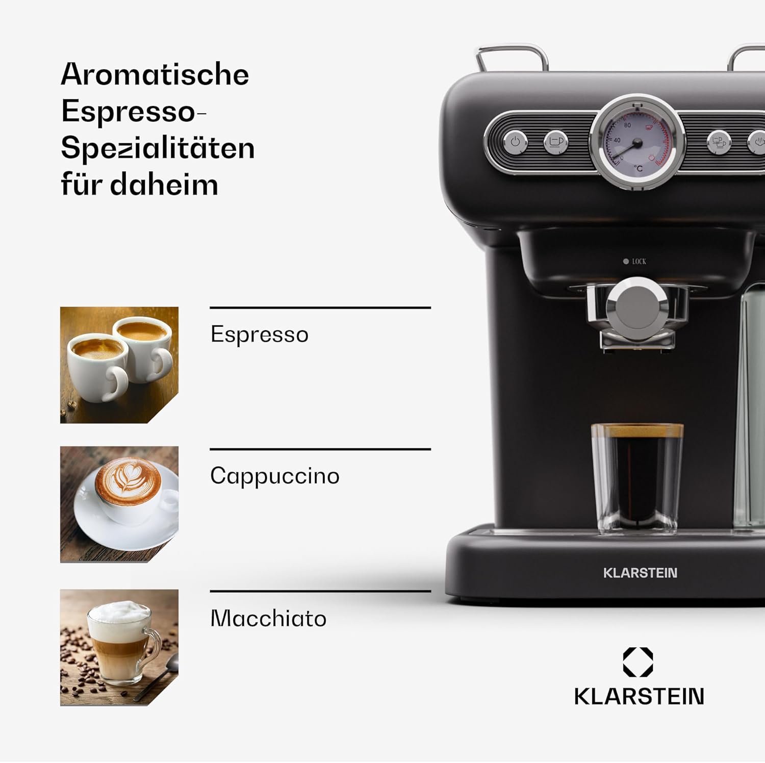 Klarstein Espresso Siebträgermaschine mit Milchaufschäumer, 1,2L Retro Mini-Espressomaschine mit Siebträger, 950 W Klein, Edelstahl-Kaffeemaschine für Cappuccino, Latte & Macchiato