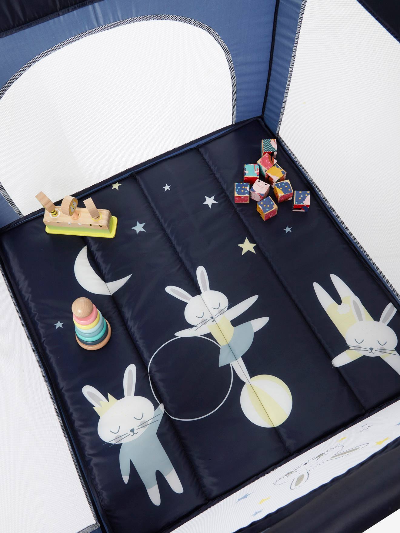 Cercadinho portátil dobrável Baby'park azul escuro liso com estampas