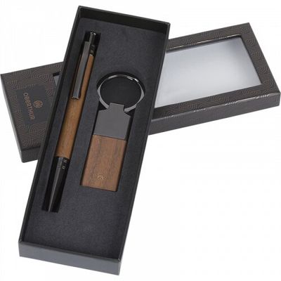 Oberthur - Coffret stylo bille Toronto et porte-clef - noyer