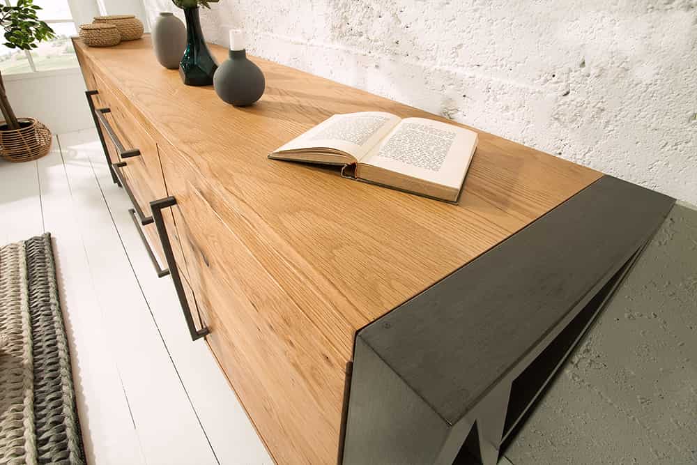 Massivholz Sideboard THOR 200cm mit Schubladen natur Wildeiche geölt Metall schwarz