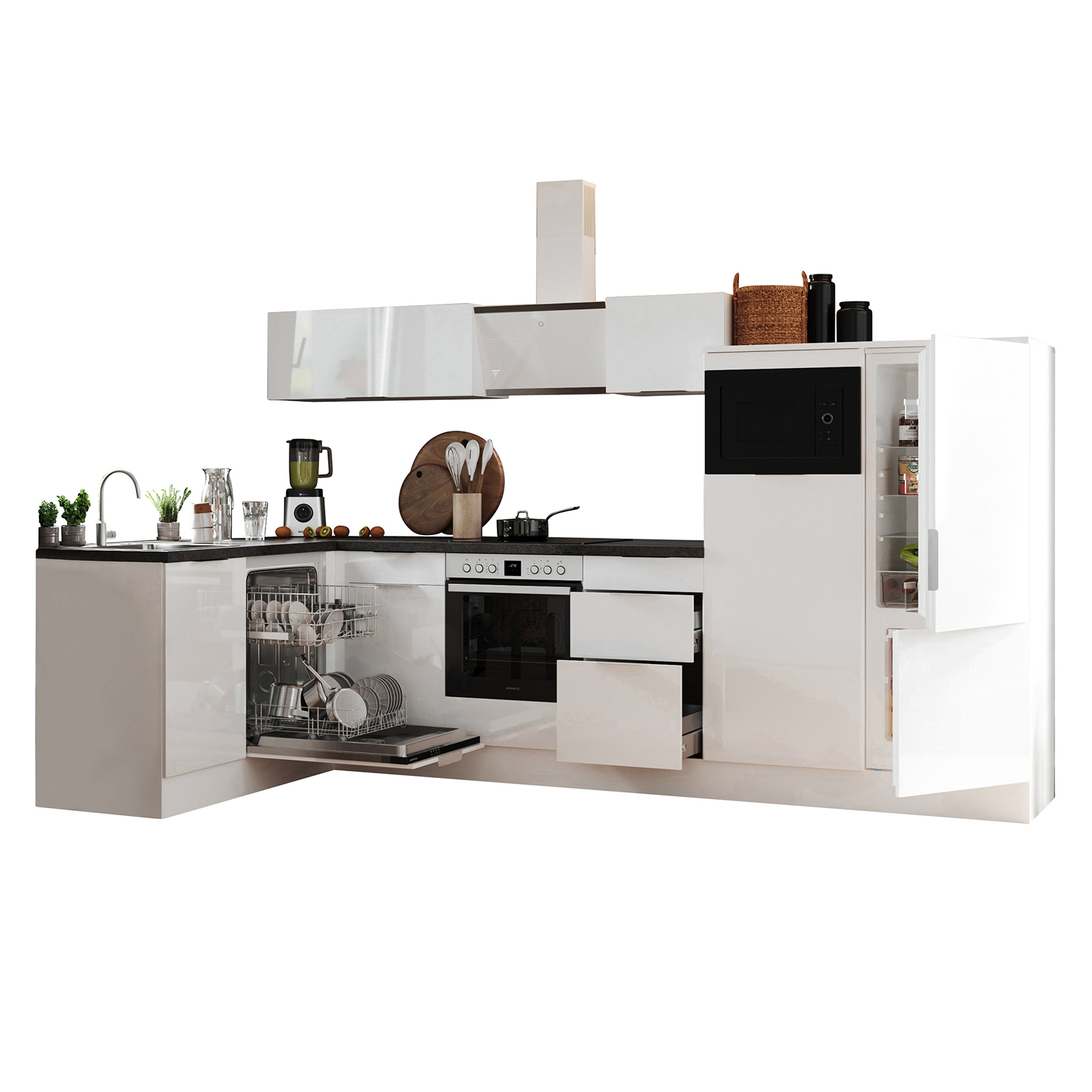 RESPEKTA Winkelküche - weiß Hochglanz - weiß matt - mit E-Geräten - 340x175 cm
