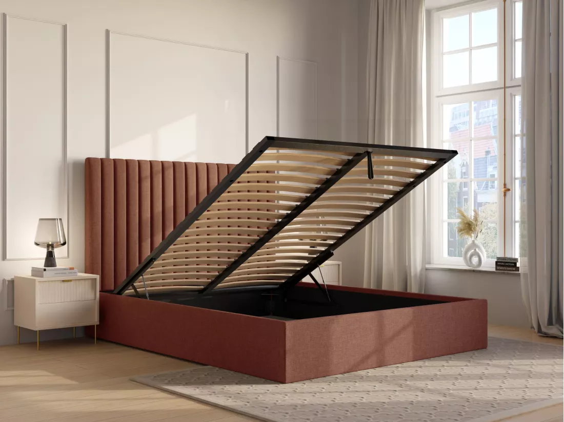 Lit coffre 160 x 200 cm avec tête de lit coutures verticales - Tissu - Terracotta - SARAH