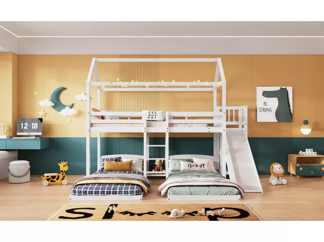 Lits superposés triples 3 x 90 x 200 cm avec toboggan et étagères - sommier à lattes seul au dessus - pin + MDF - blanc (sans matelas)