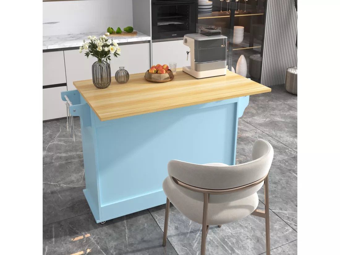 Ilot central de cuisine mobile avec 2 portes coulissantes - plateau extensible - 112x40(70)x94 cm - Bois MDF + métal - Bleu et bois