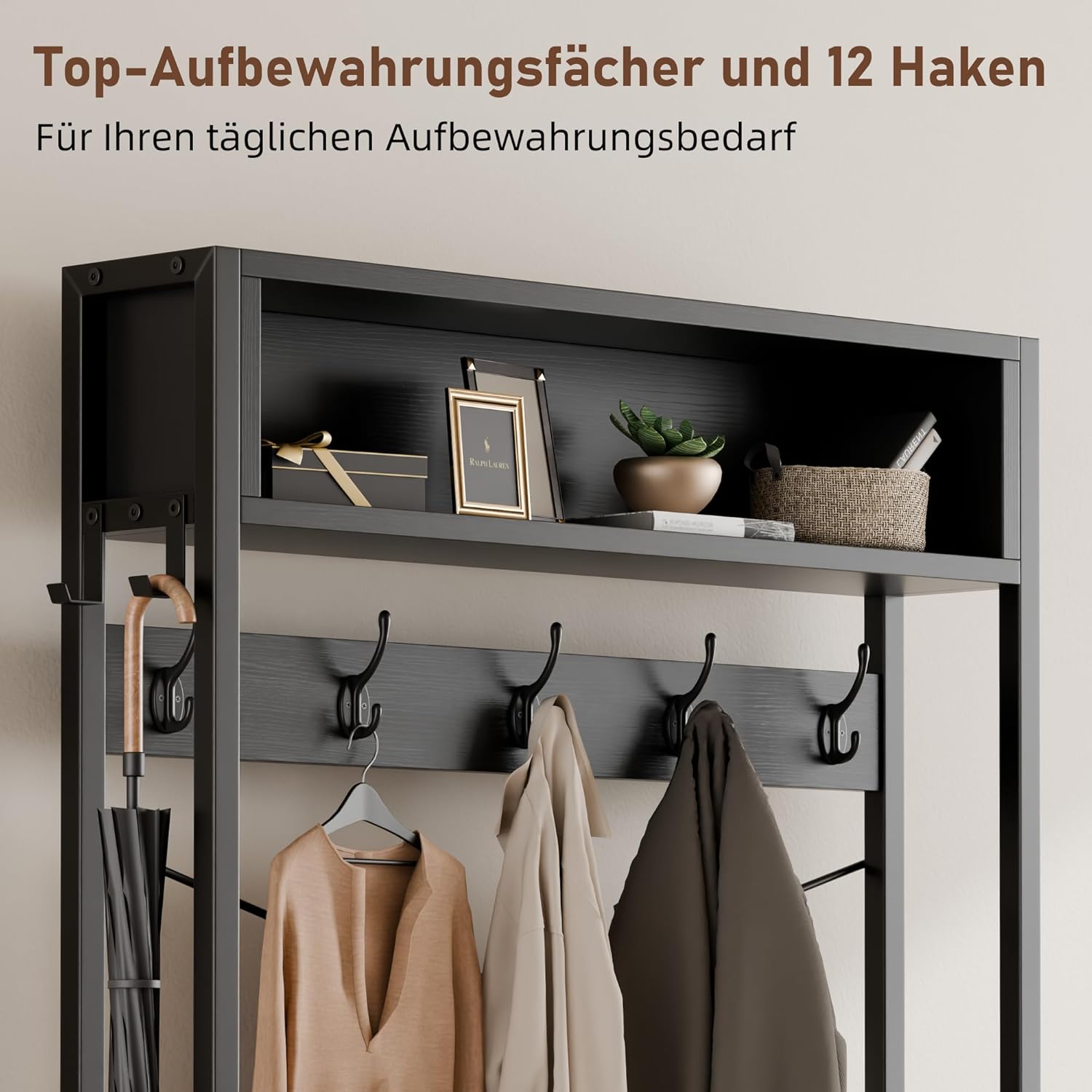 Garderobenständer mit Schuhablage, Garderobe mit Sitzbank, 12 Haken, 3 Schubladen und 1 Ablagefläche, Metallrahmen, 30 x 80 x 180 cm, für Flur Eingänge Schwarz